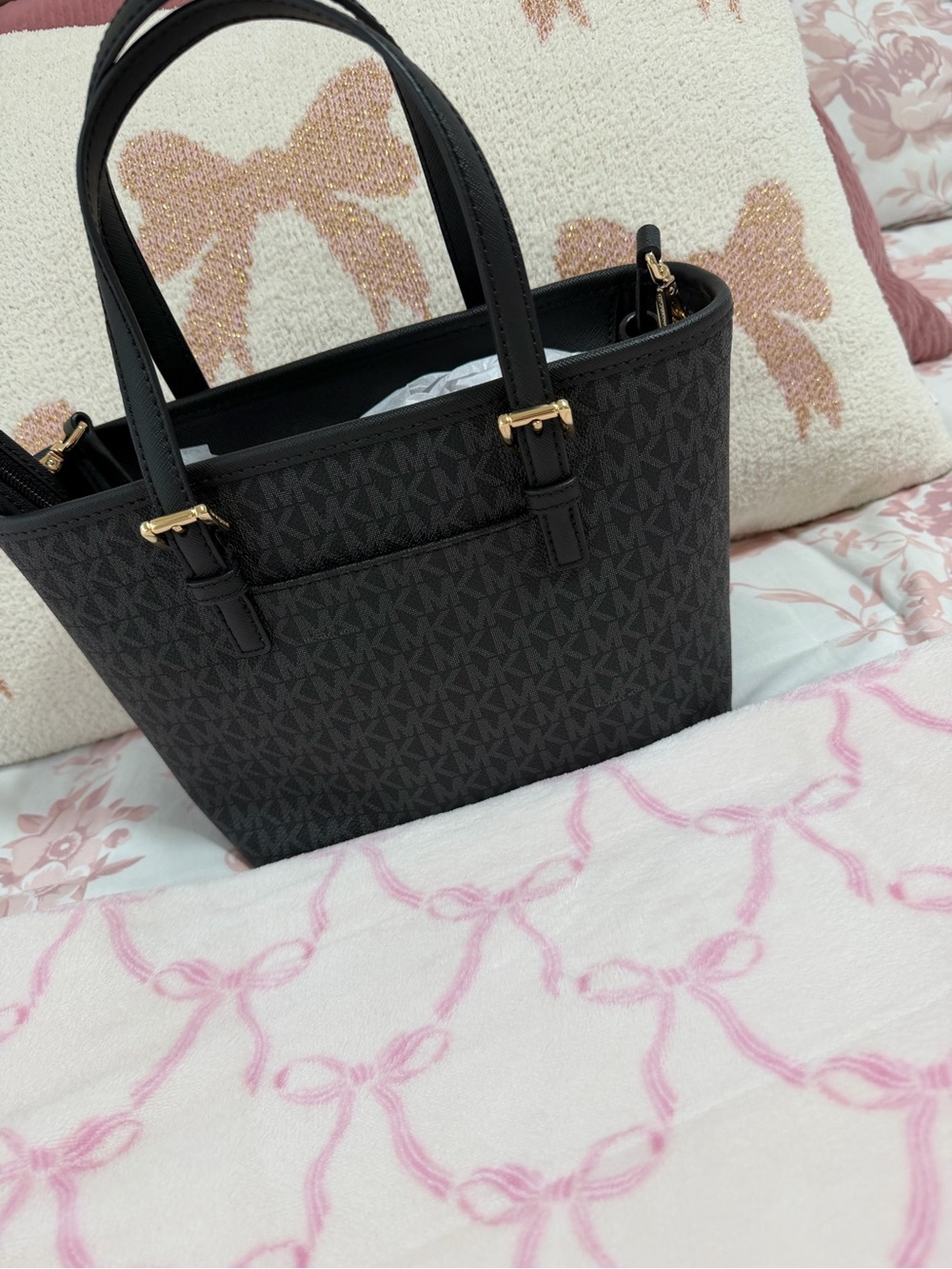 Michael Kors Black Monogram Small Satchel with Gold Hardware - Picture 4 of 4